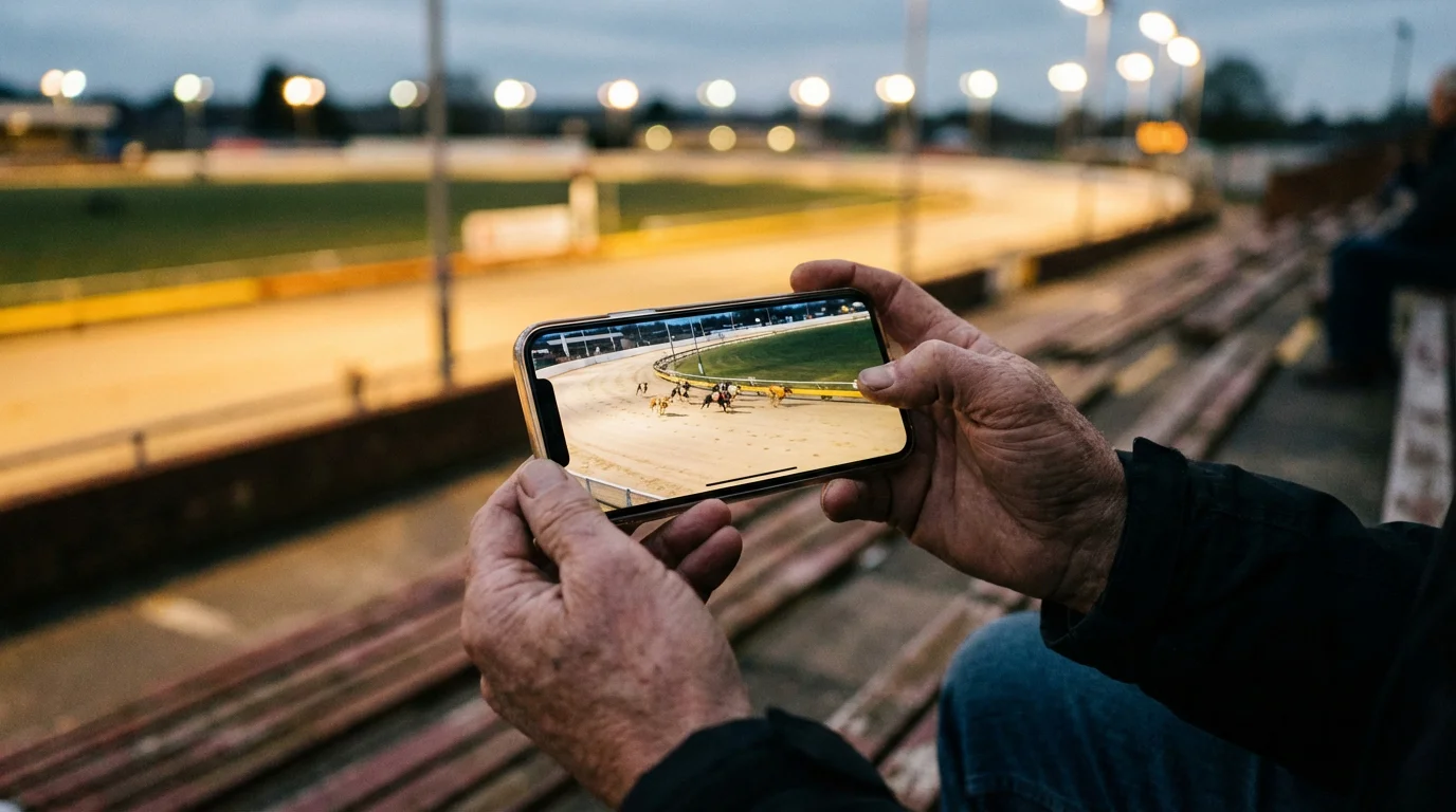 Best greyhound betting apps UK — person watching live dog racing on a mobile phone