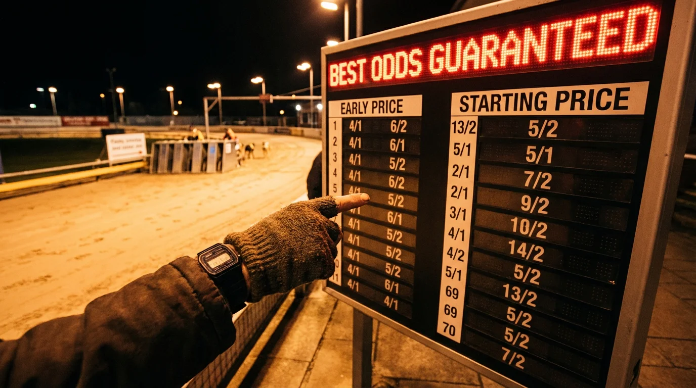 Best odds guaranteed comparison showing early price versus starting price on greyhound racing