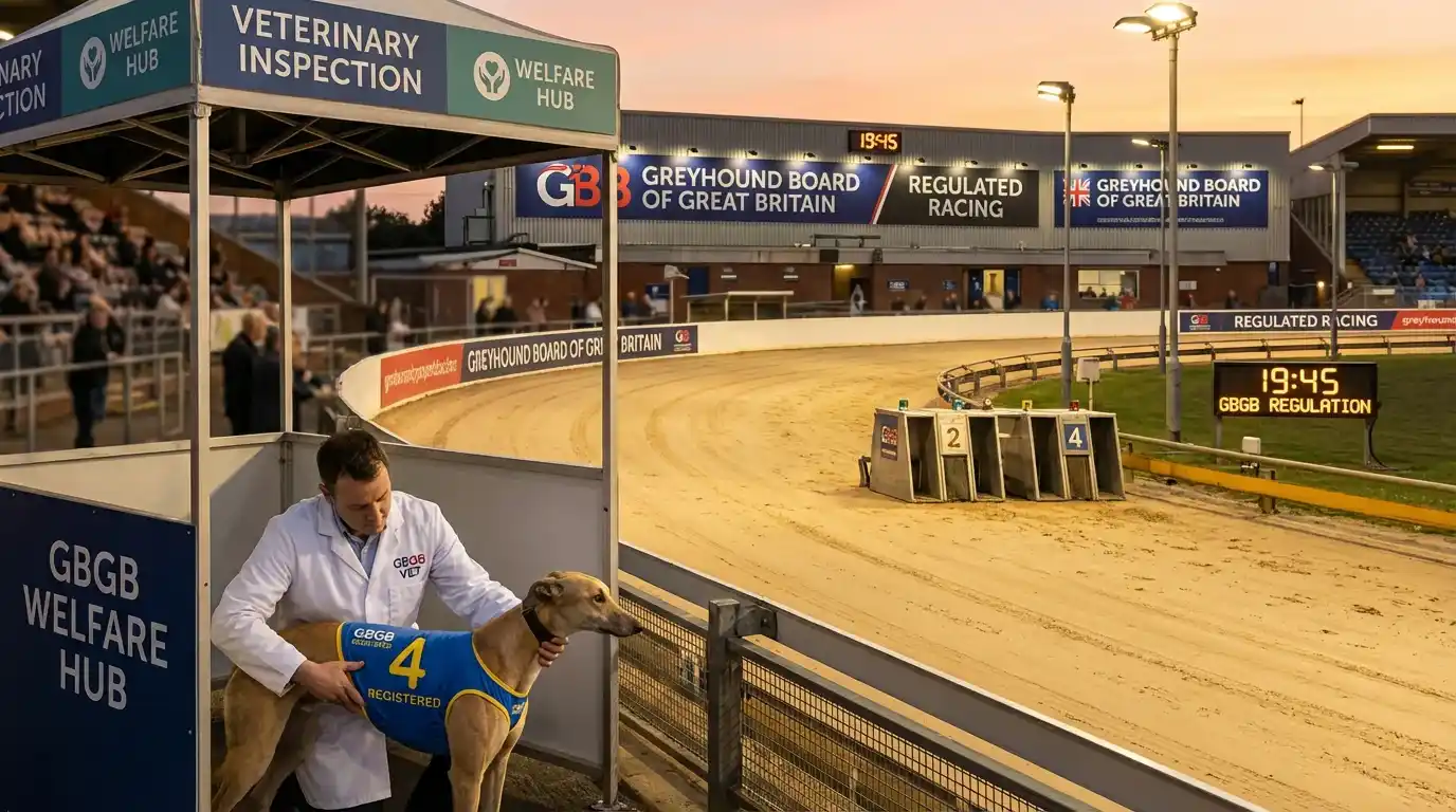 GBGB regulated greyhound racing showing welfare standards and track inspection