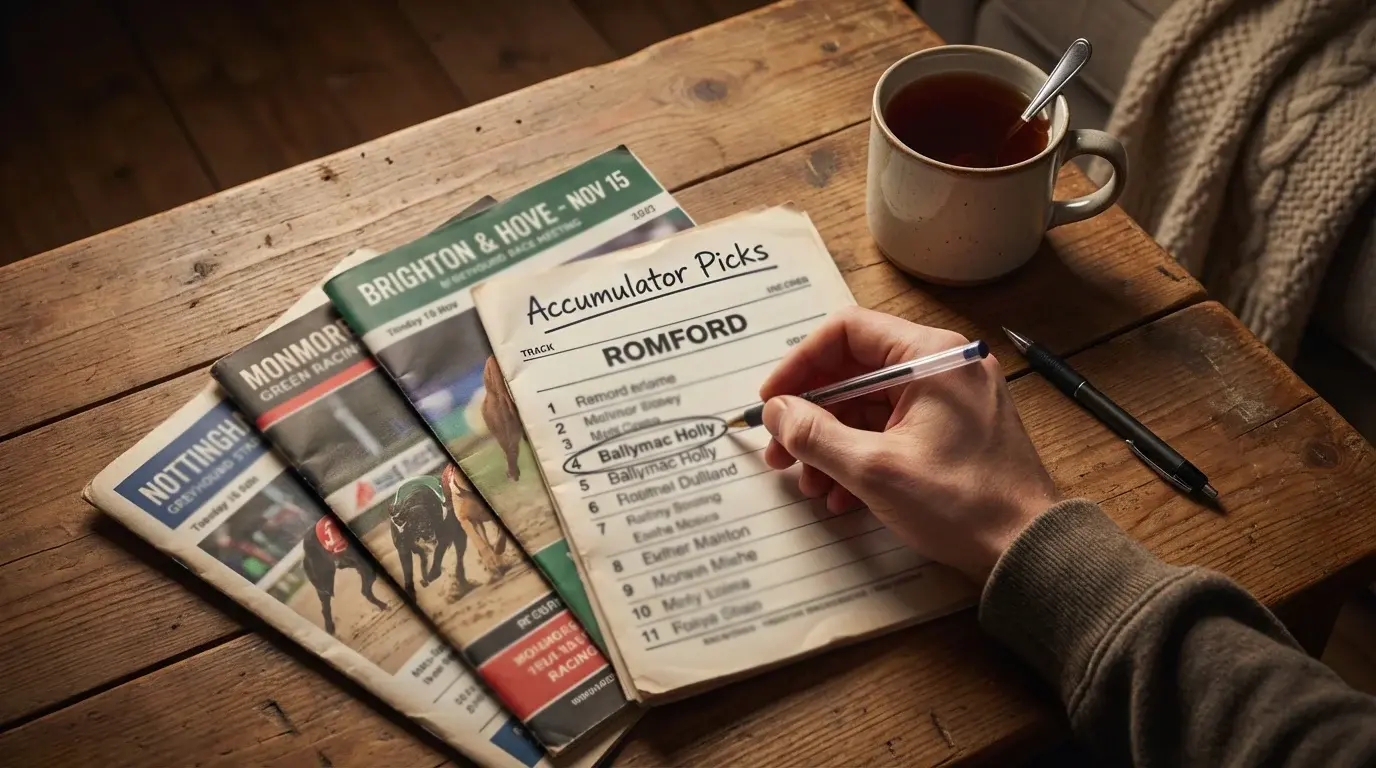 Greyhound accumulator bet slip showing multiple selections across different race meetings