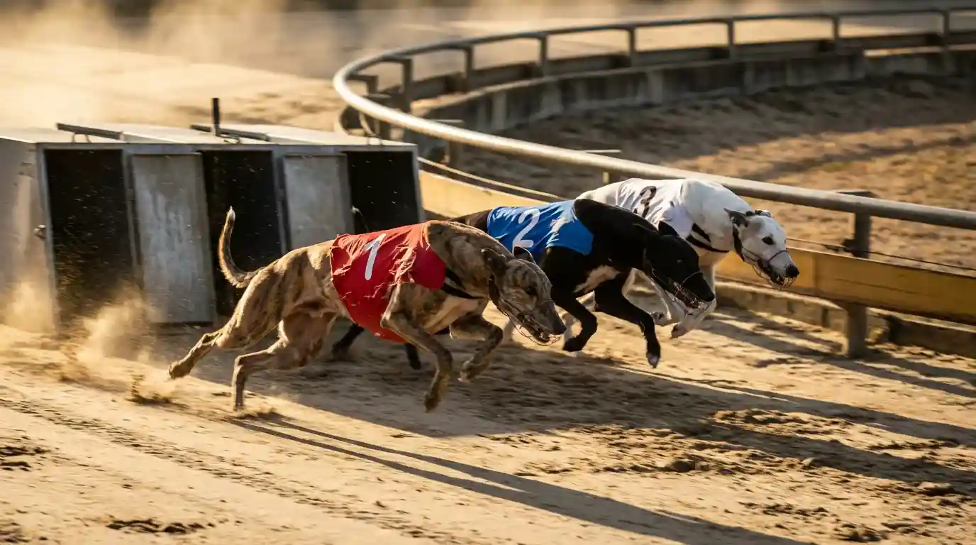 Greyhound bet types explained — racing dogs sprinting from traps on a sand track