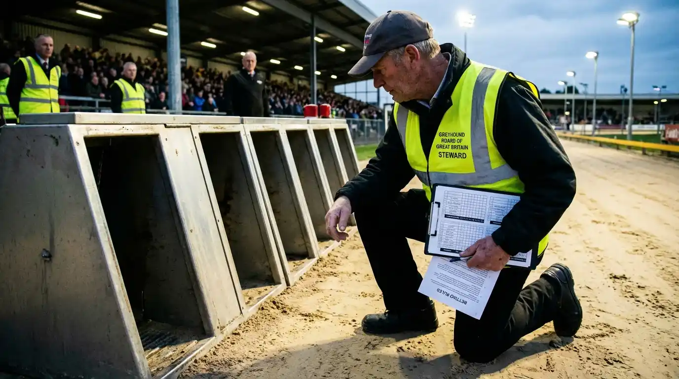 Greyhound racecard showing reserve runners and non-runner replacement procedures