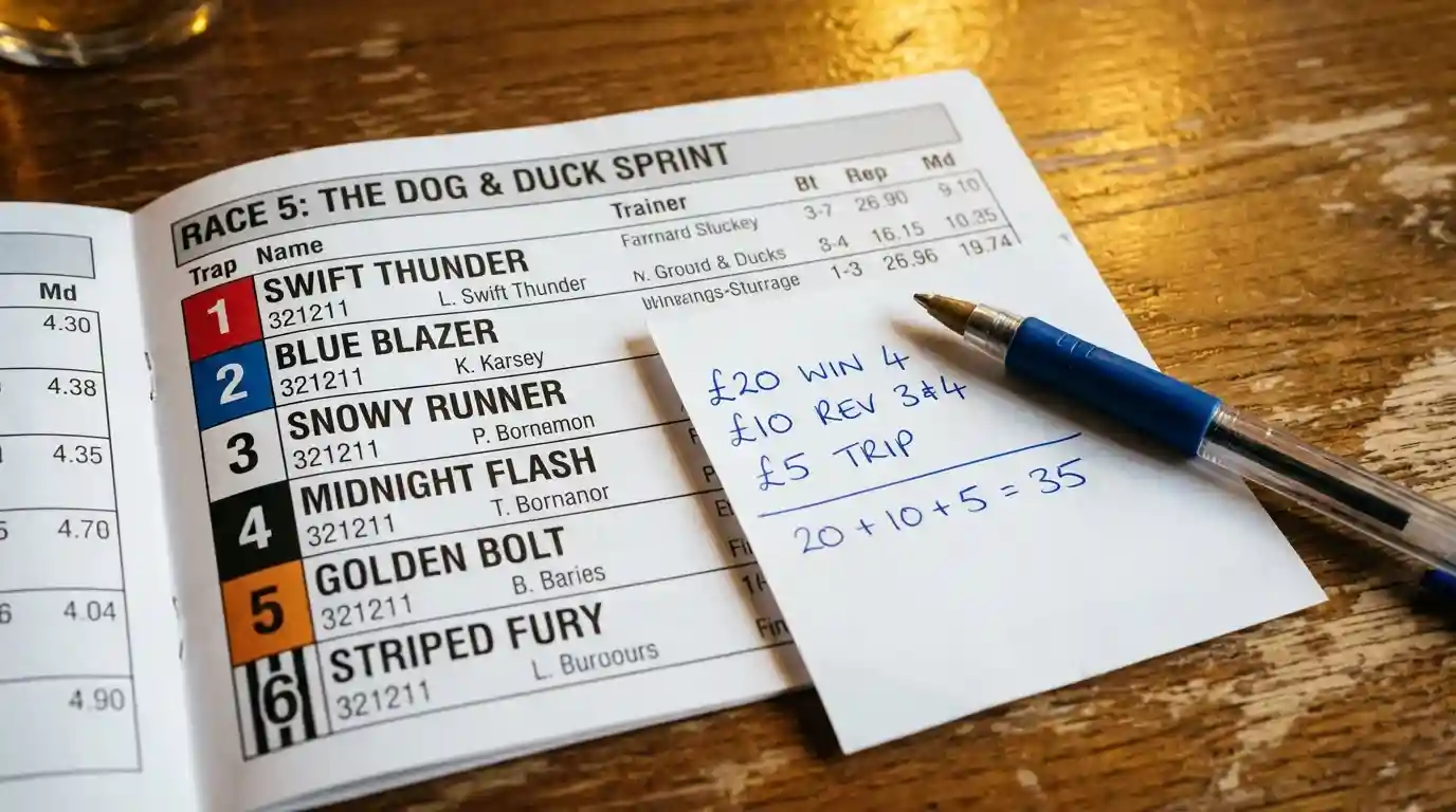 Close-up of a printed greyhound racecard with betting slip and pen on a wooden table