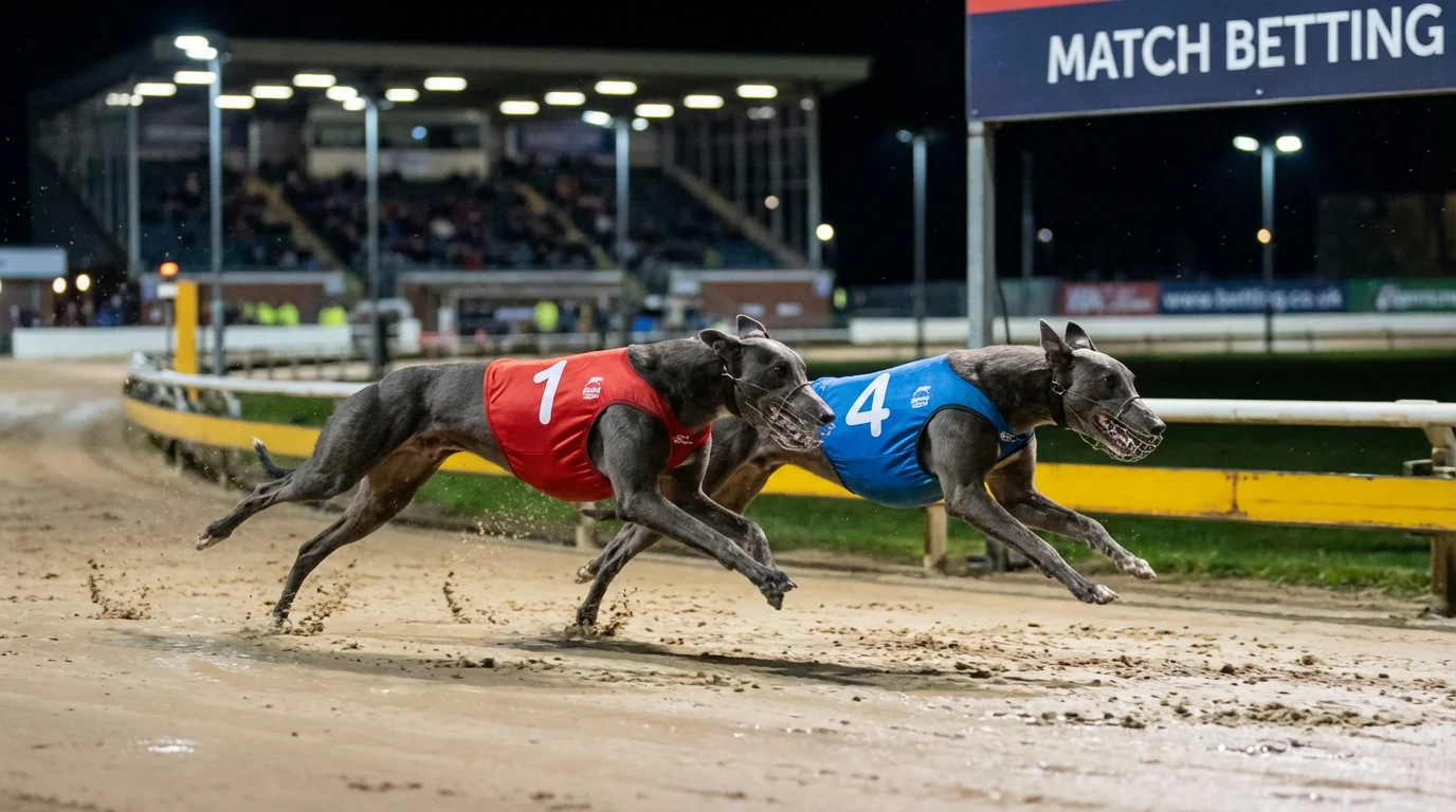Match bet interface showing head-to-head odds between two greyhounds in the same race