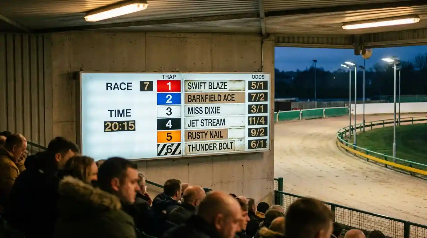 Greyhound racing odds board at a UK track showing fractional prices for six runners before a race