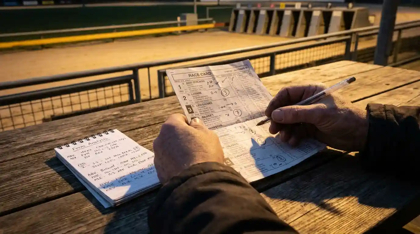 Greyhound racing tips and strategy — punter studying a racecard before a dog race