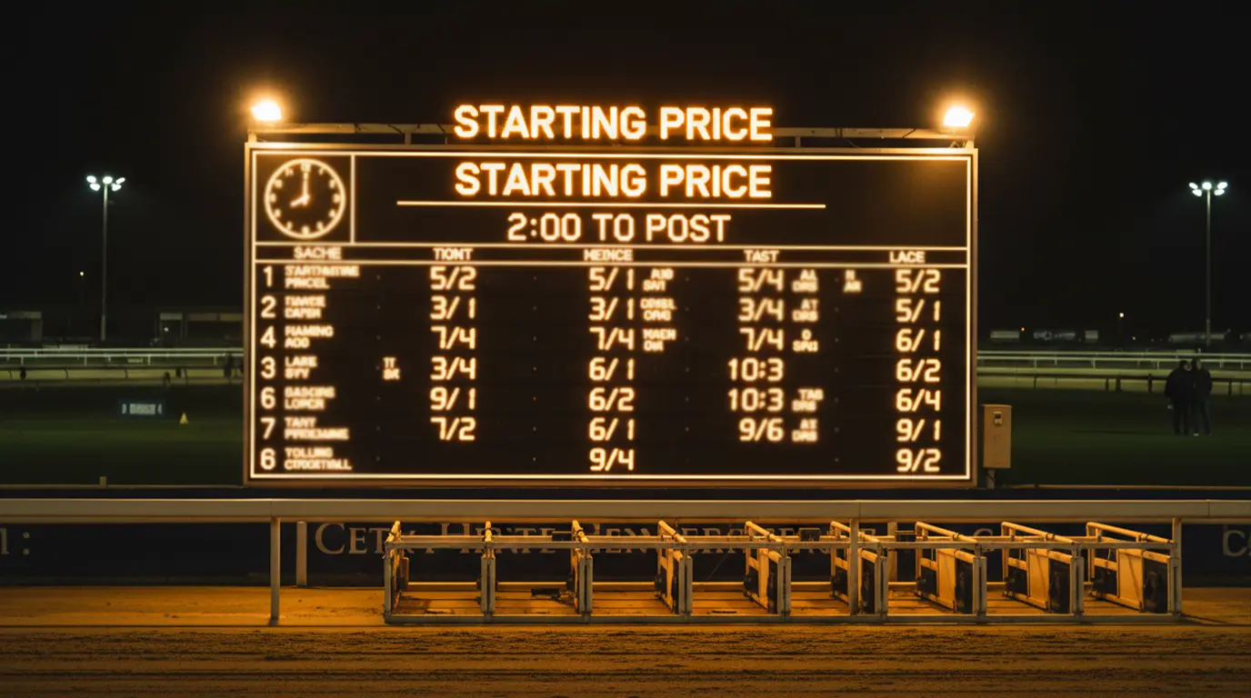 Starting price odds board showing SP formation in the final minutes before a greyhound race