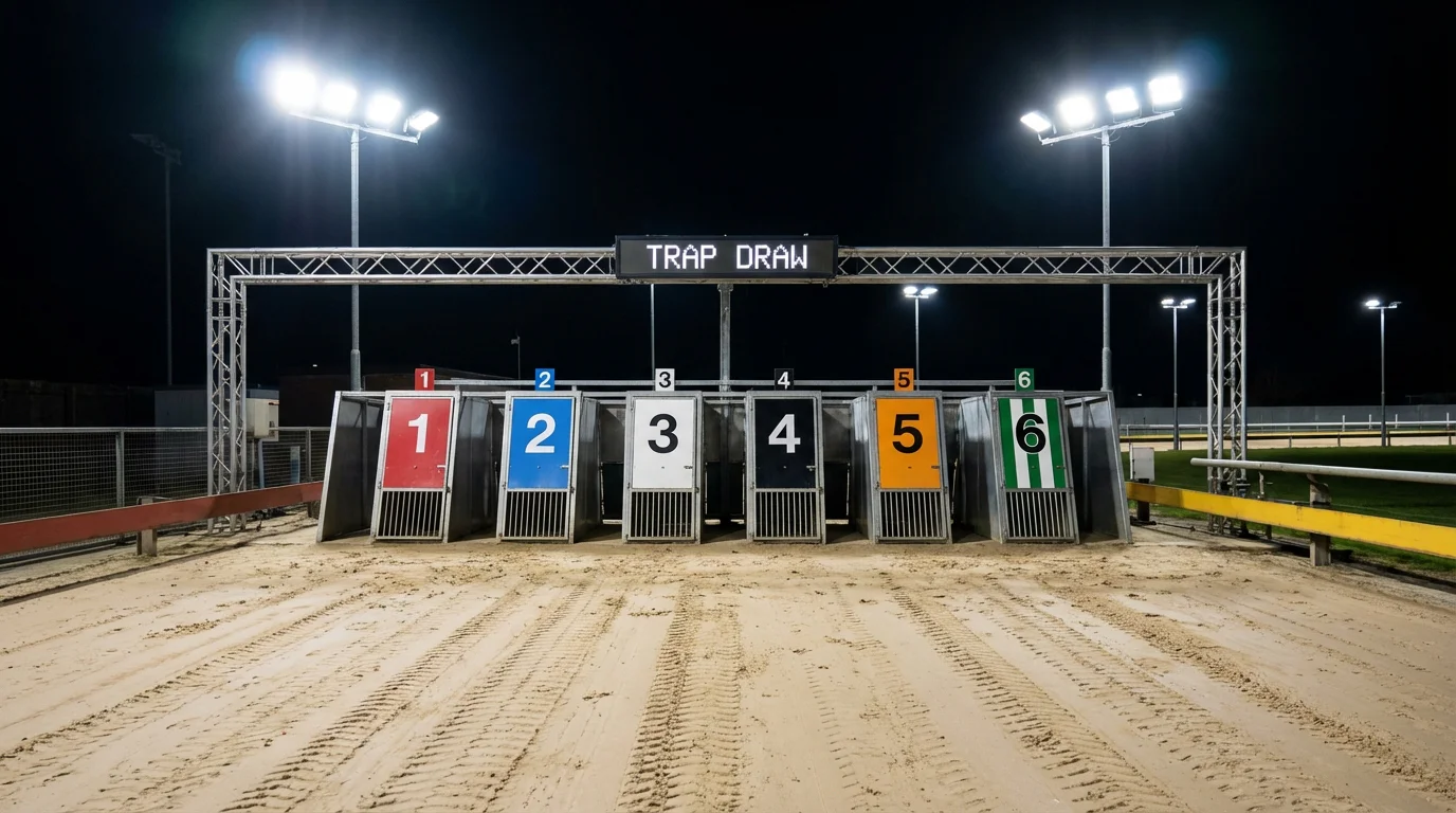 Six greyhound starting traps numbered one to six with colour-coded jackets