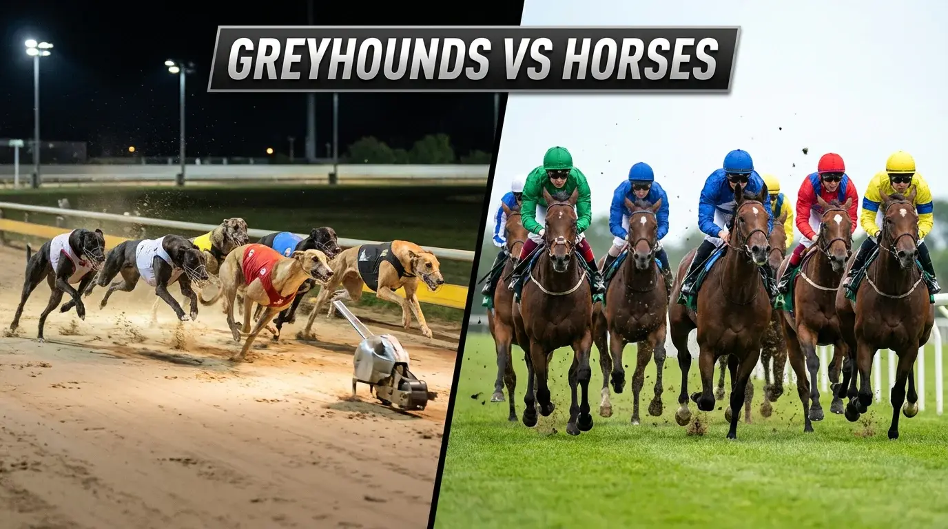 Greyhound racing and horse racing side by side showing key betting differences