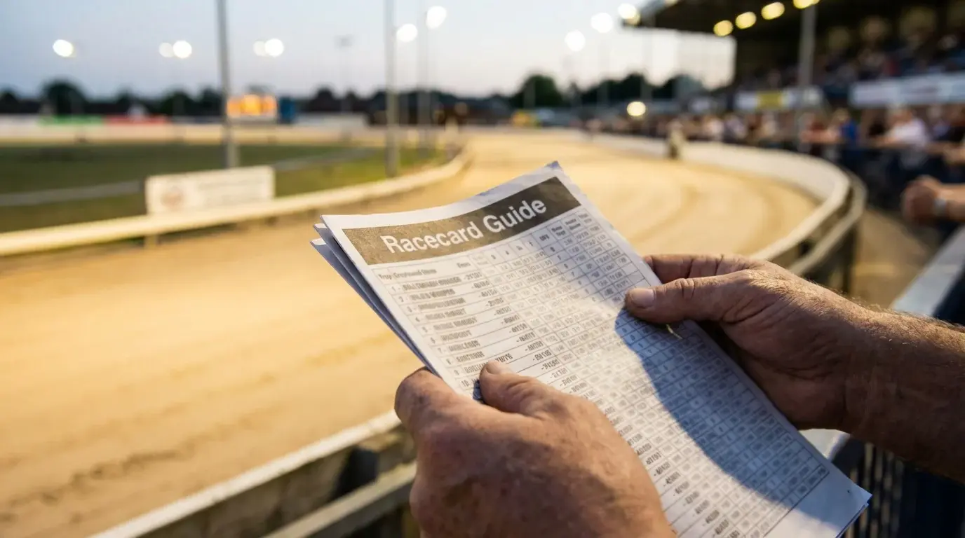 Annotated UK greyhound racecard showing trap numbers, form figures, times and race remarks