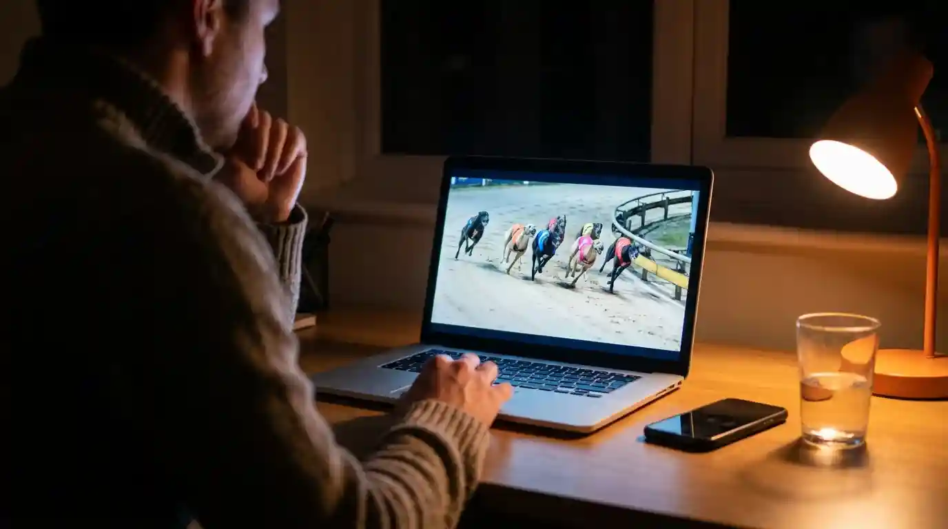 Person watching a live greyhound race stream on a laptop in a home setting with the race in progress