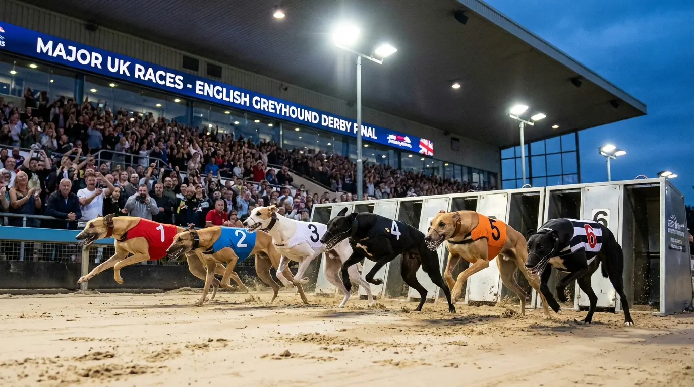 English Greyhound Derby final with six dogs racing on sand track under floodlights