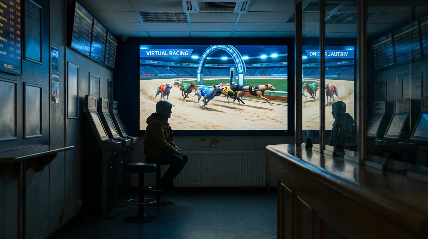 Virtual greyhound racing screen showing animated dogs and betting odds